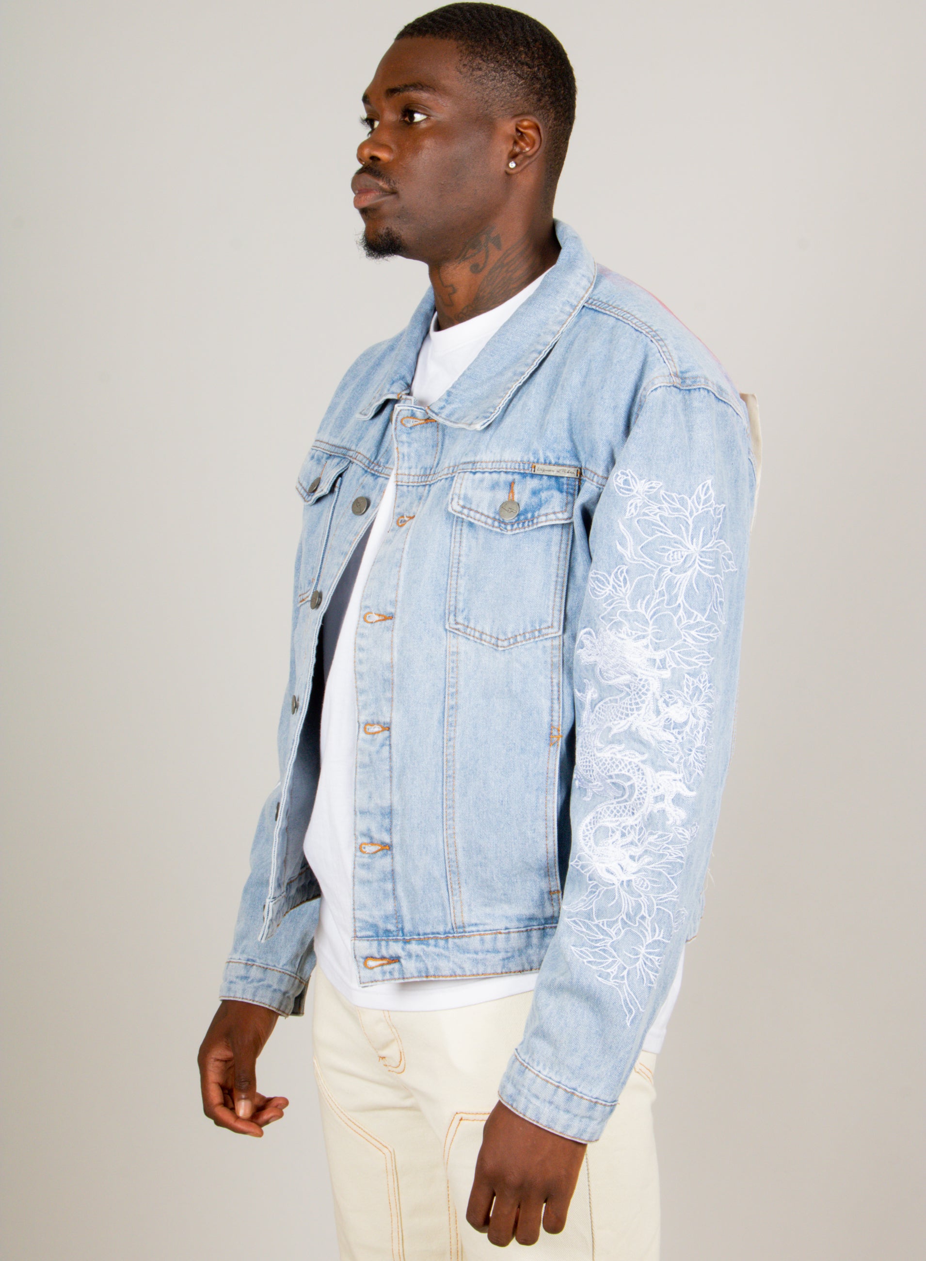 Japanese Graffiti Back Patch Oversized Trucker Jacket in Light Wash