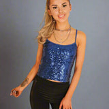 Blue Sequin Crop Top With Lace Up Back