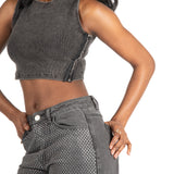 Acid Grey Ribbed Crop Top With Hook & Eye Detail