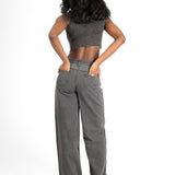 Acid Grey Ribbed Crop Top With Hook & Eye Detail
