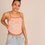 Pink Lace Mesh Crop Top With Pompom Lace Up Back
