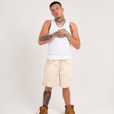 Distressed Cross Denim Shorts in Beige
