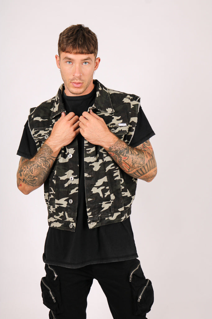 Camo Sleeveless Denim Jacket