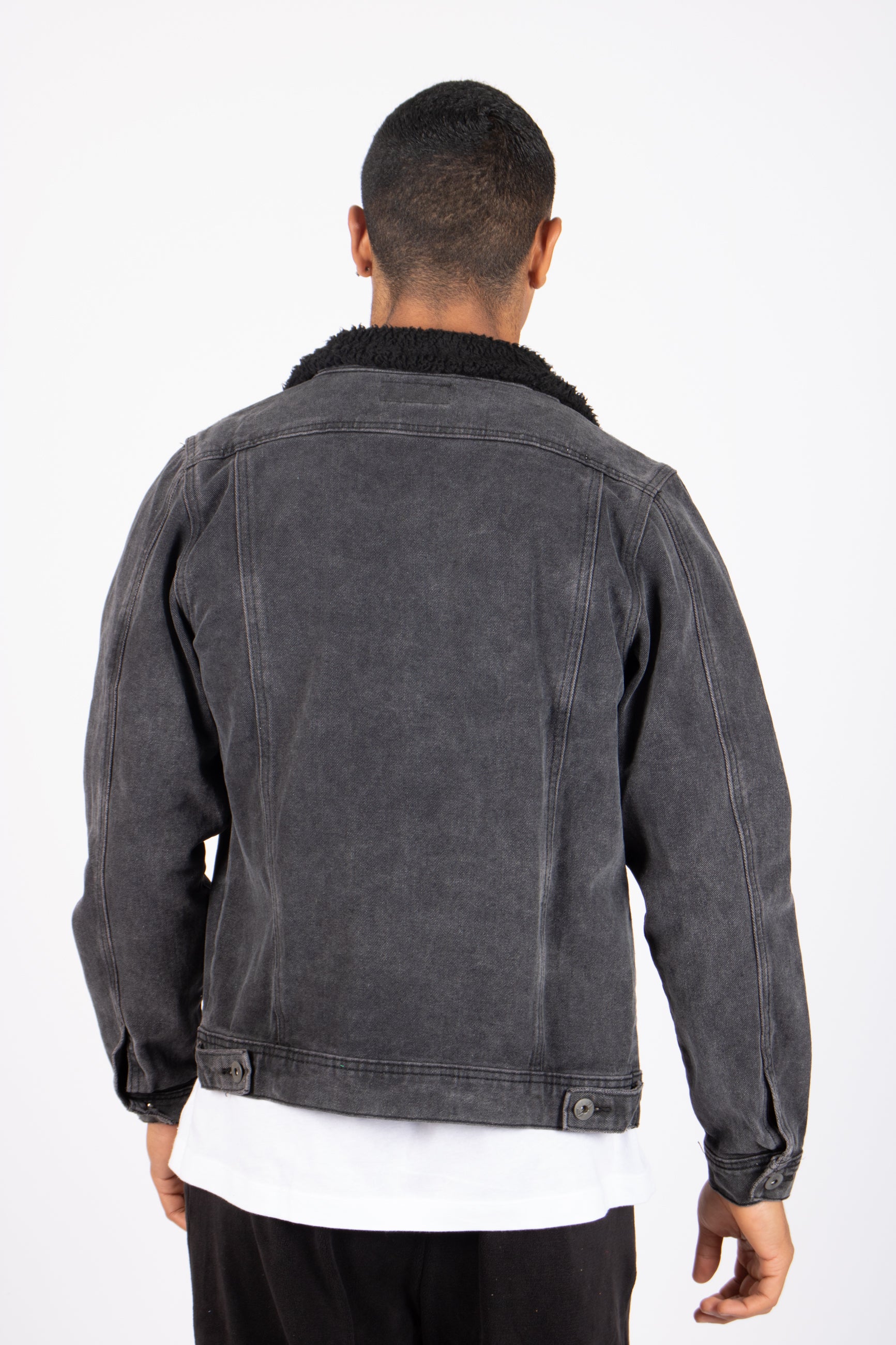 Norton Slim Fit Denim Jacket With Borg Collar In Washed Black