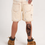 Distressed Cross Denim Shorts in Beige
