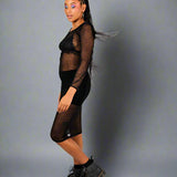 Black Mesh Midi Dress with Lace Up Frontal