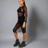 Black Mesh Midi Dress with Lace Up Frontal