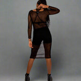 Black Mesh Midi Dress with Lace Up Frontal