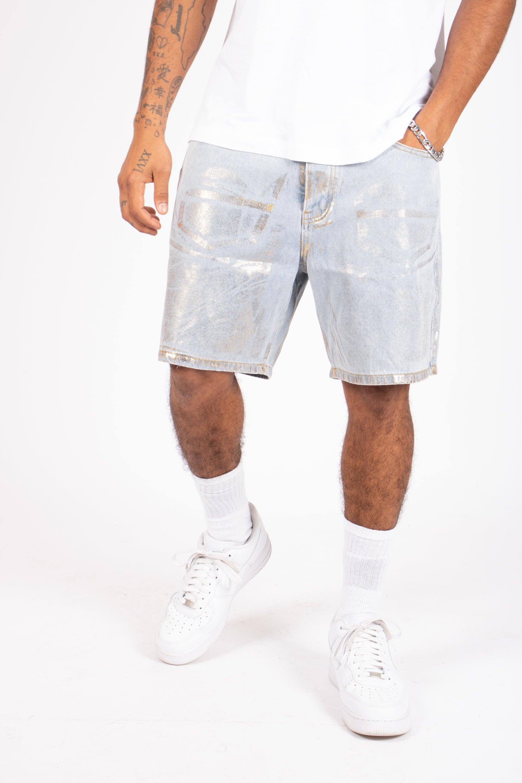 Metallic Faded Stonewash Straight Leg Shorts