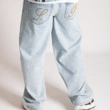 Relaxed Baggy Rhinestone Detail Jeans in Vintage Wash