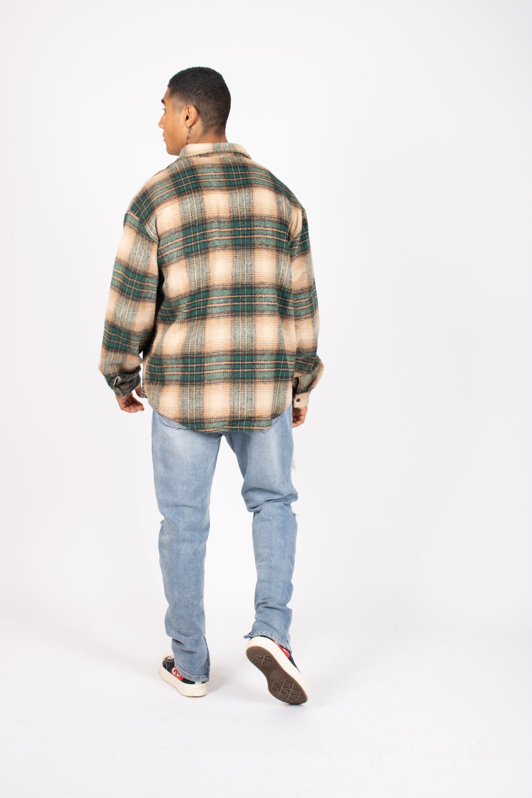 Utility Flannel Overshirt in Beige and Green