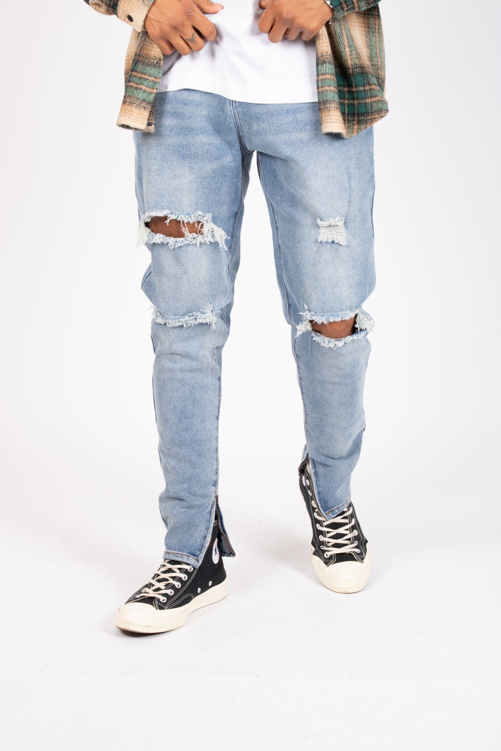 Slim Skinny Jeans with Distressing and Ankle Zips