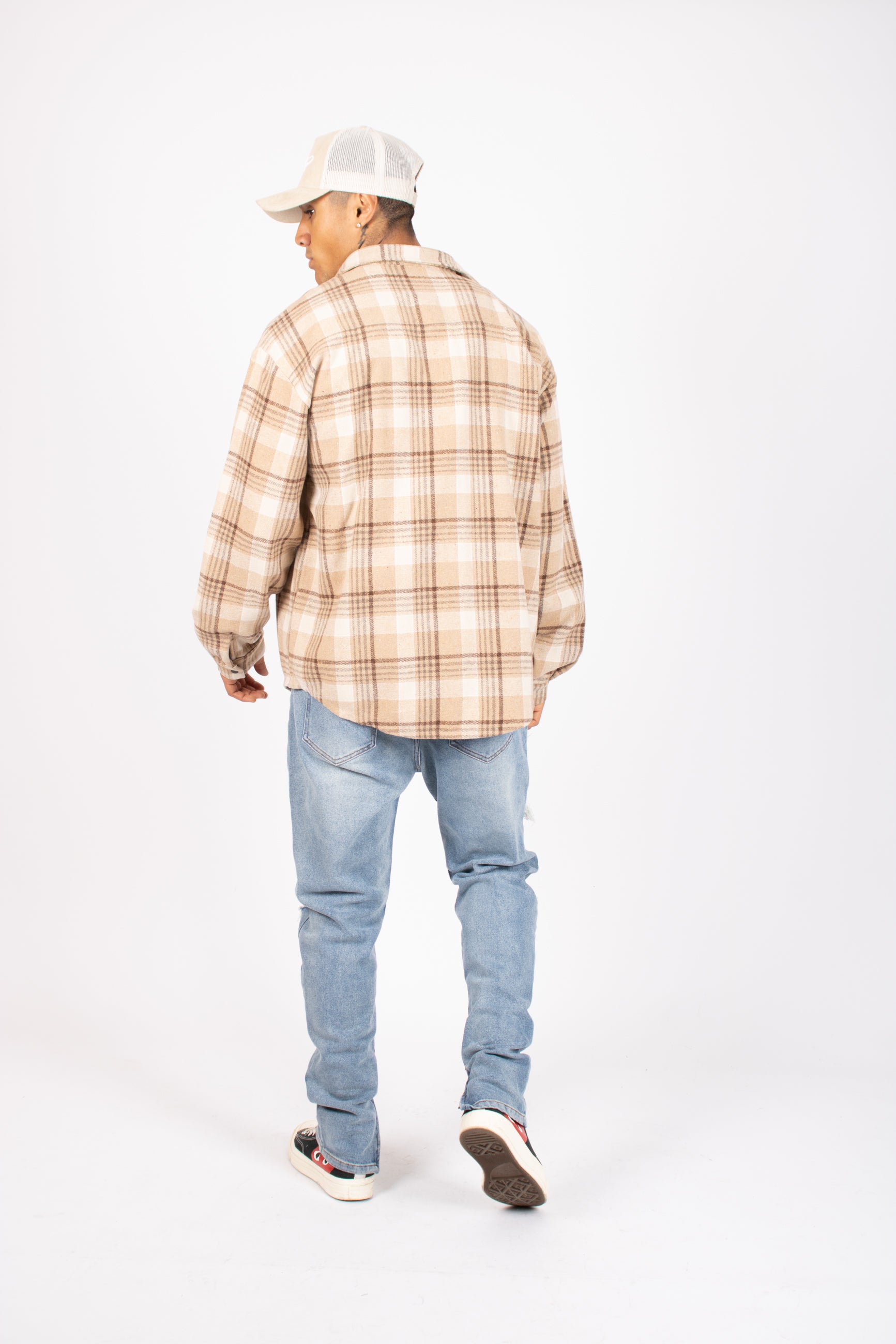 Oversized Long Sleeve Flannel Shirt in Stone