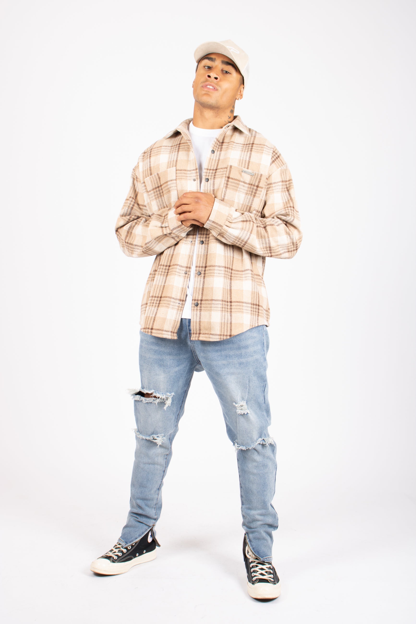 Oversized Long Sleeve Flannel Shirt in Stone