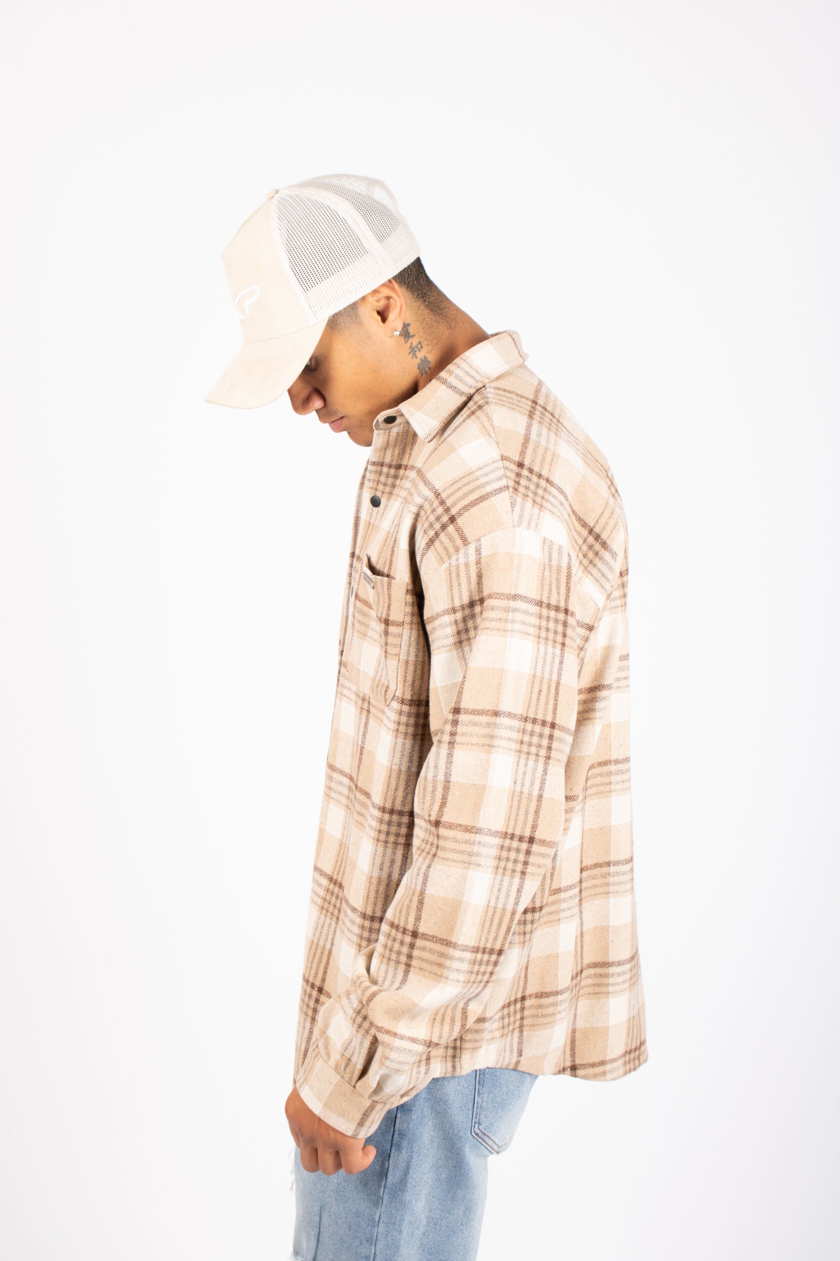 Oversized Long Sleeve Flannel Shirt in Stone