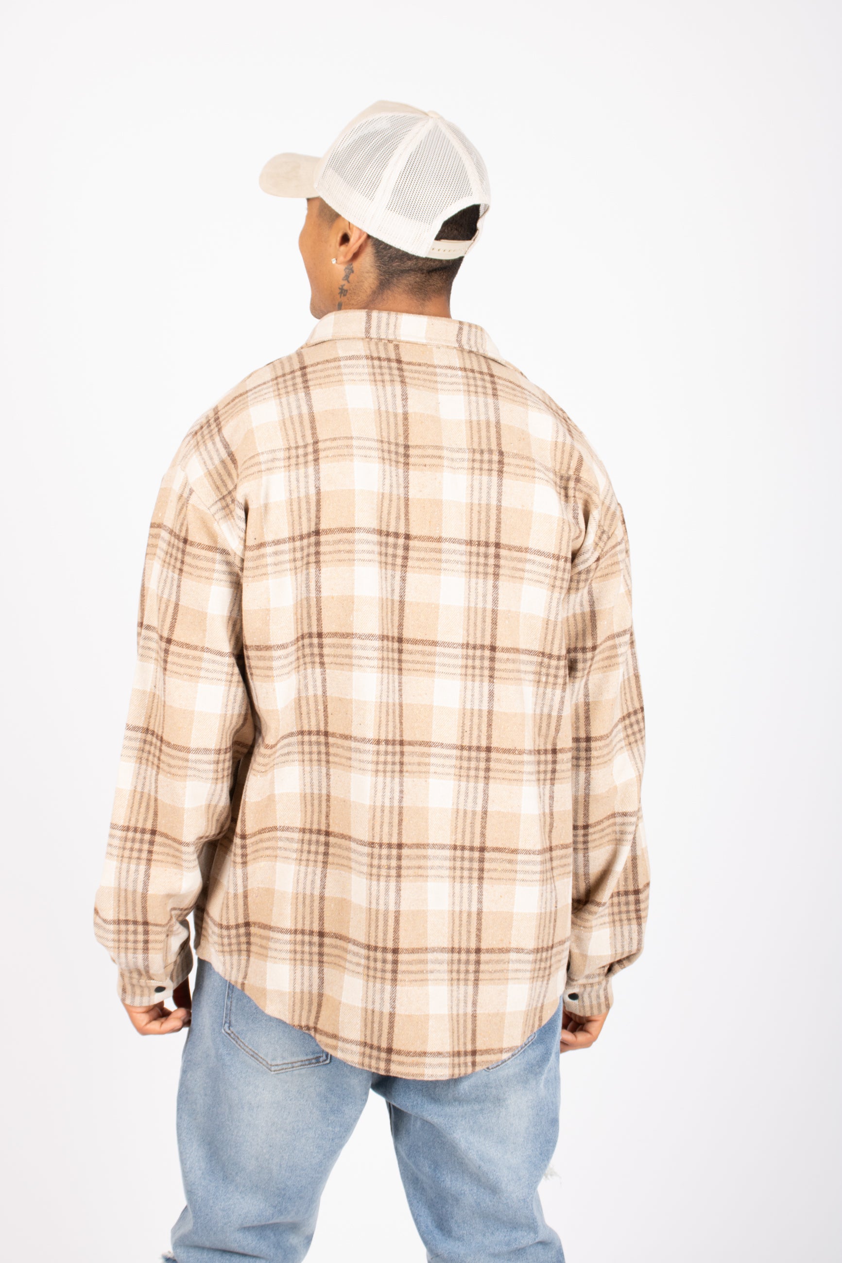 Oversized Long Sleeve Flannel Shirt in Stone