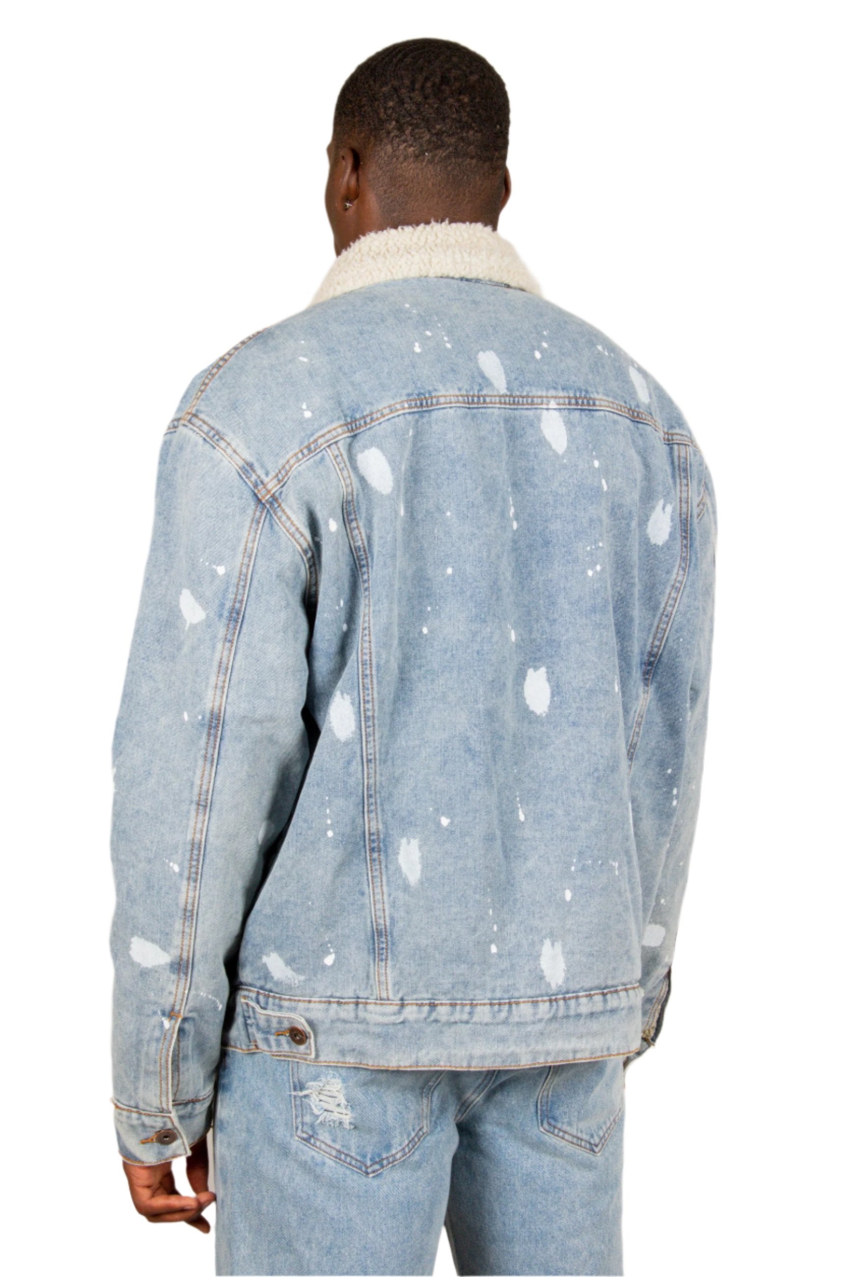 Oversized Borg Denim Jacket with Paint Splatter