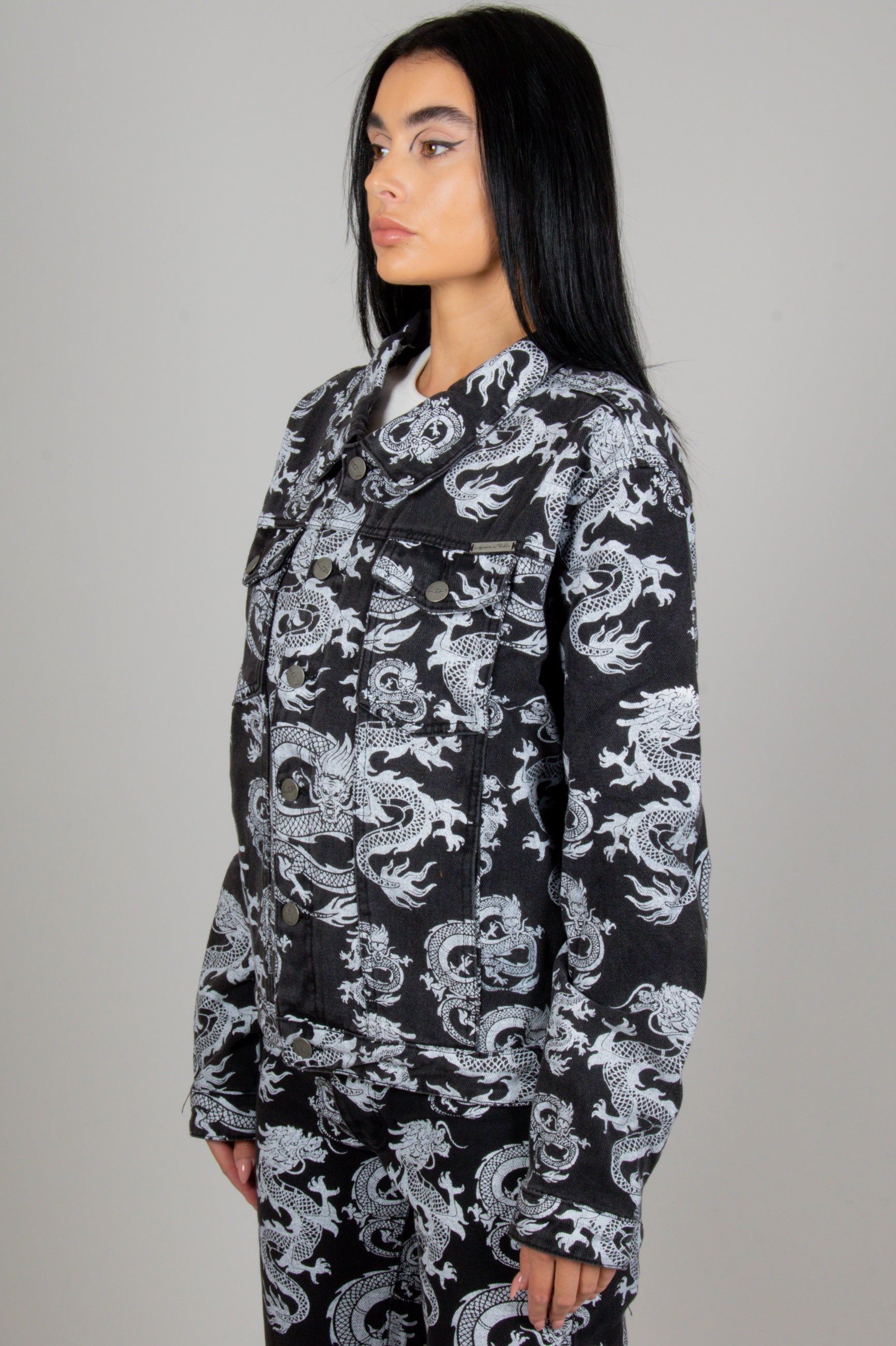 All-Over Dragon Print Boyfriend Trucker Jacket