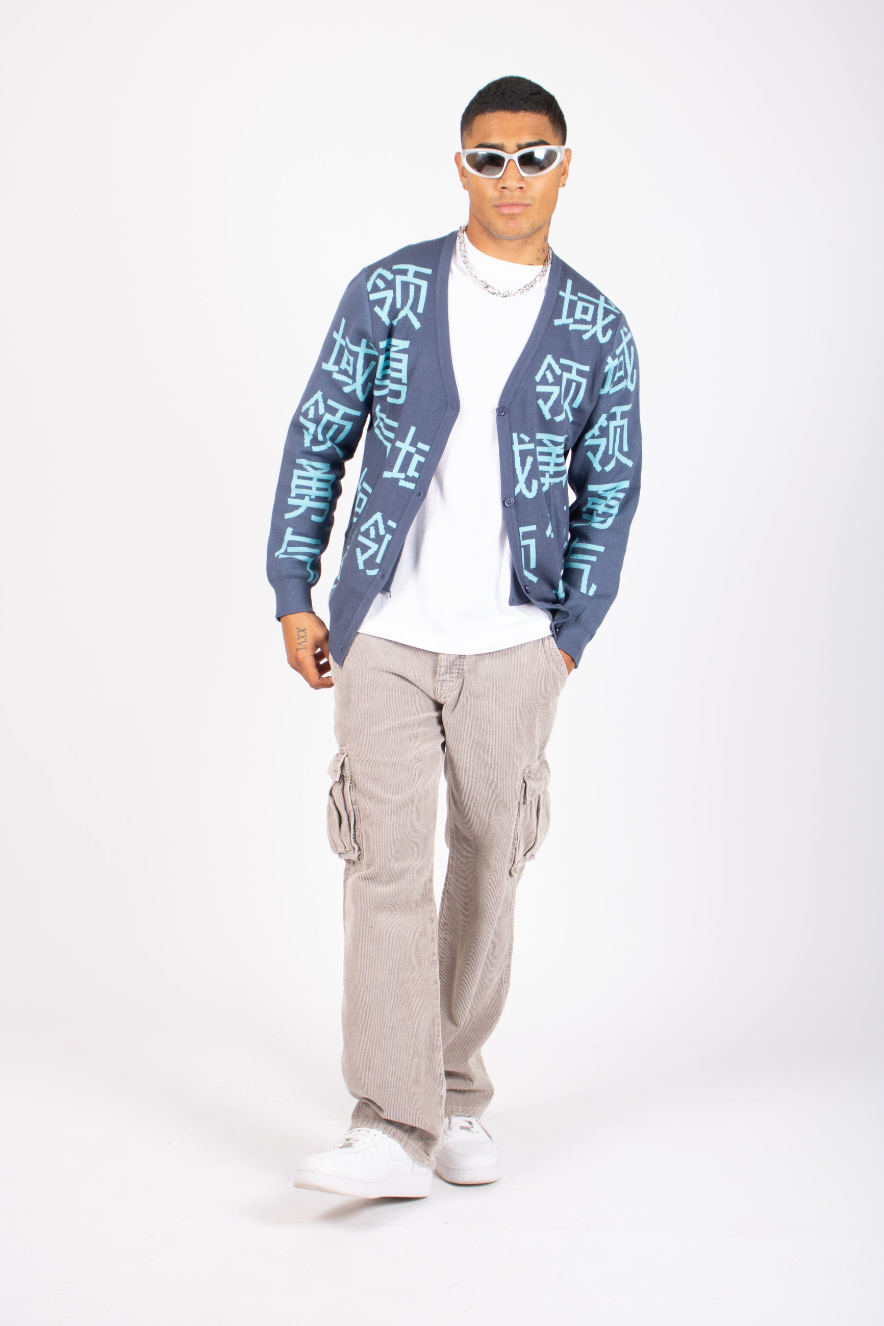 Japanese Text Knitted Blue Cardigan