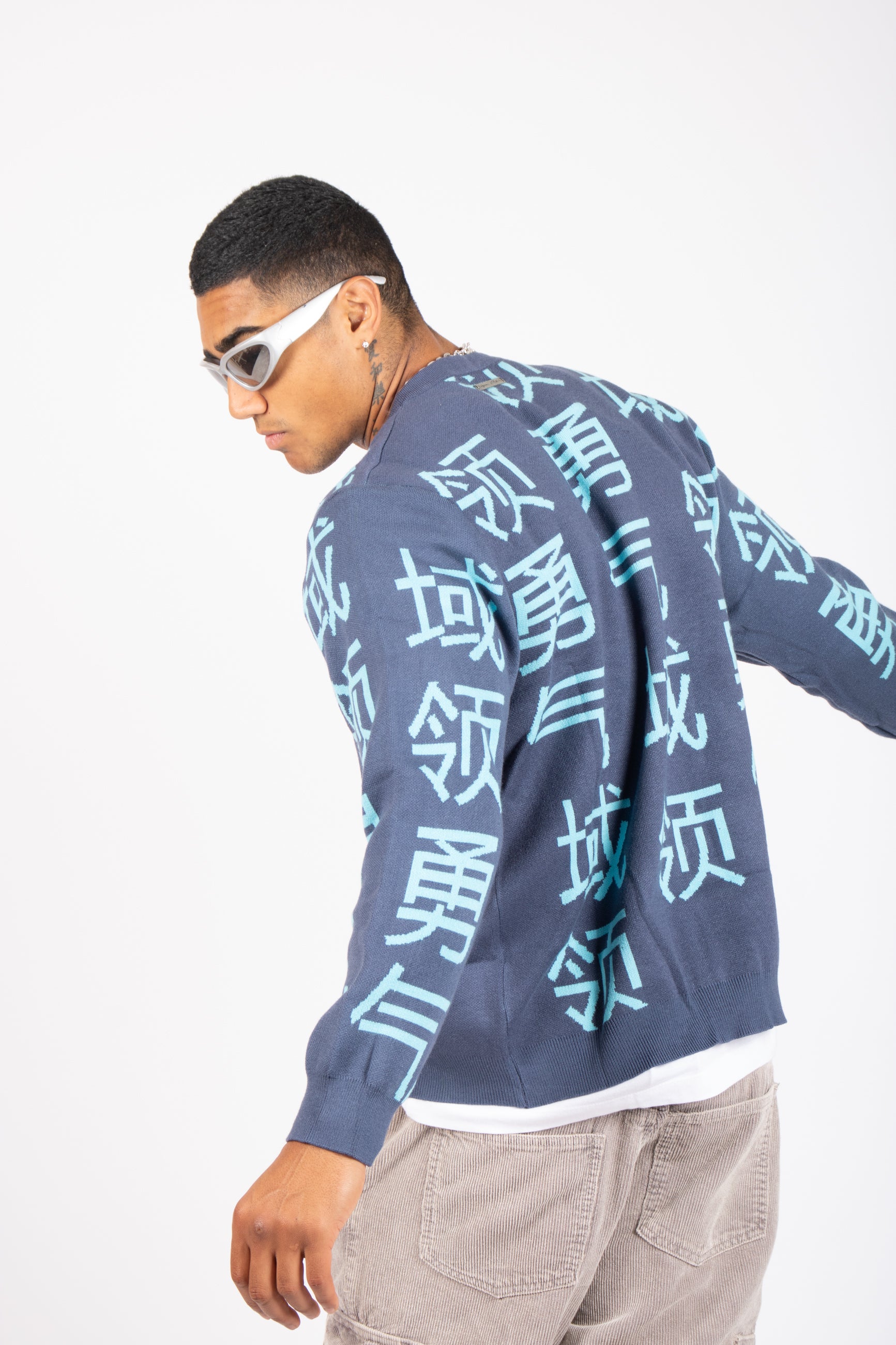 Japanese Text Knitted Blue Cardigan