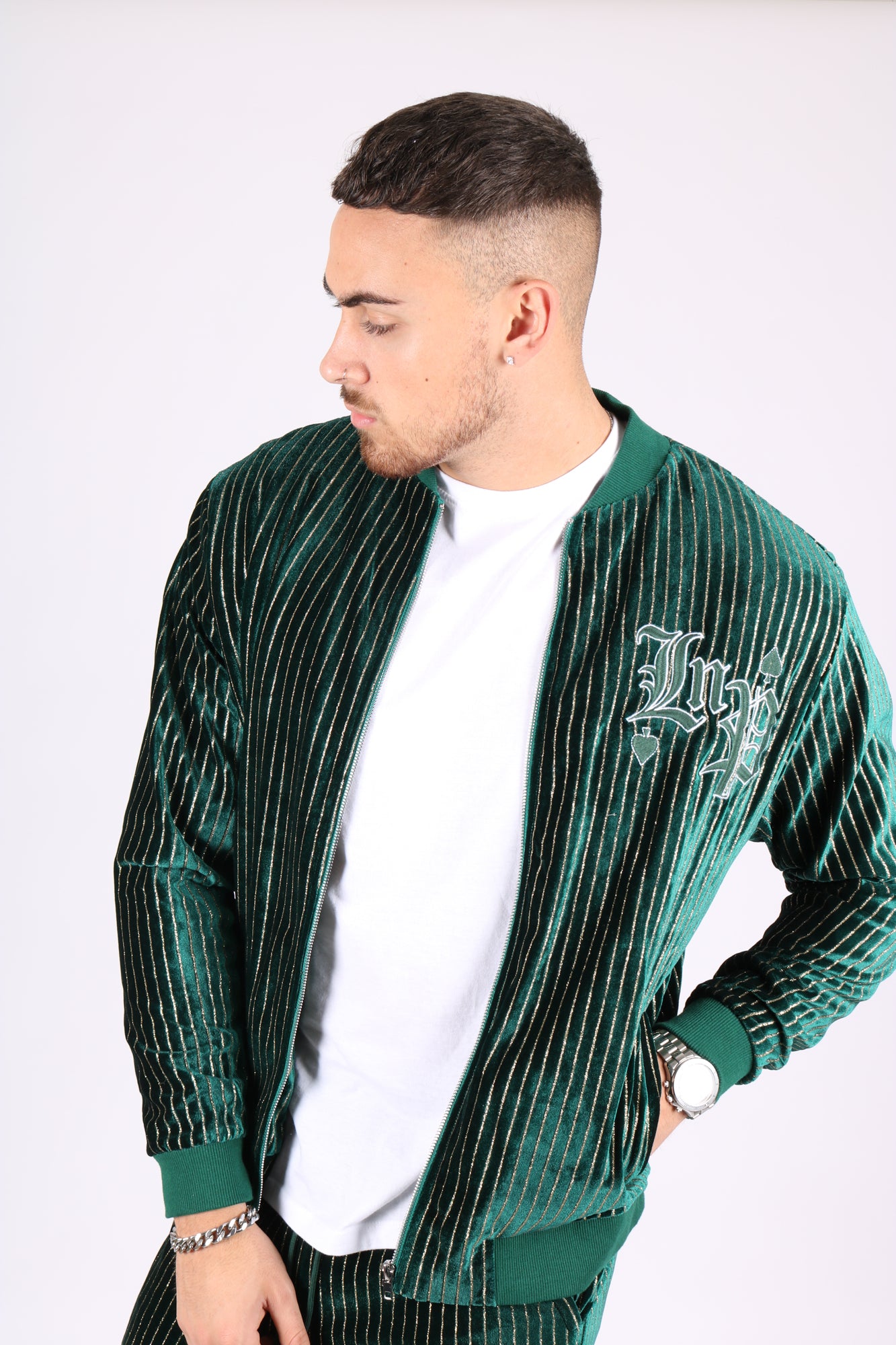 Oversized Green Pinstripe Velour Varsity Jacket