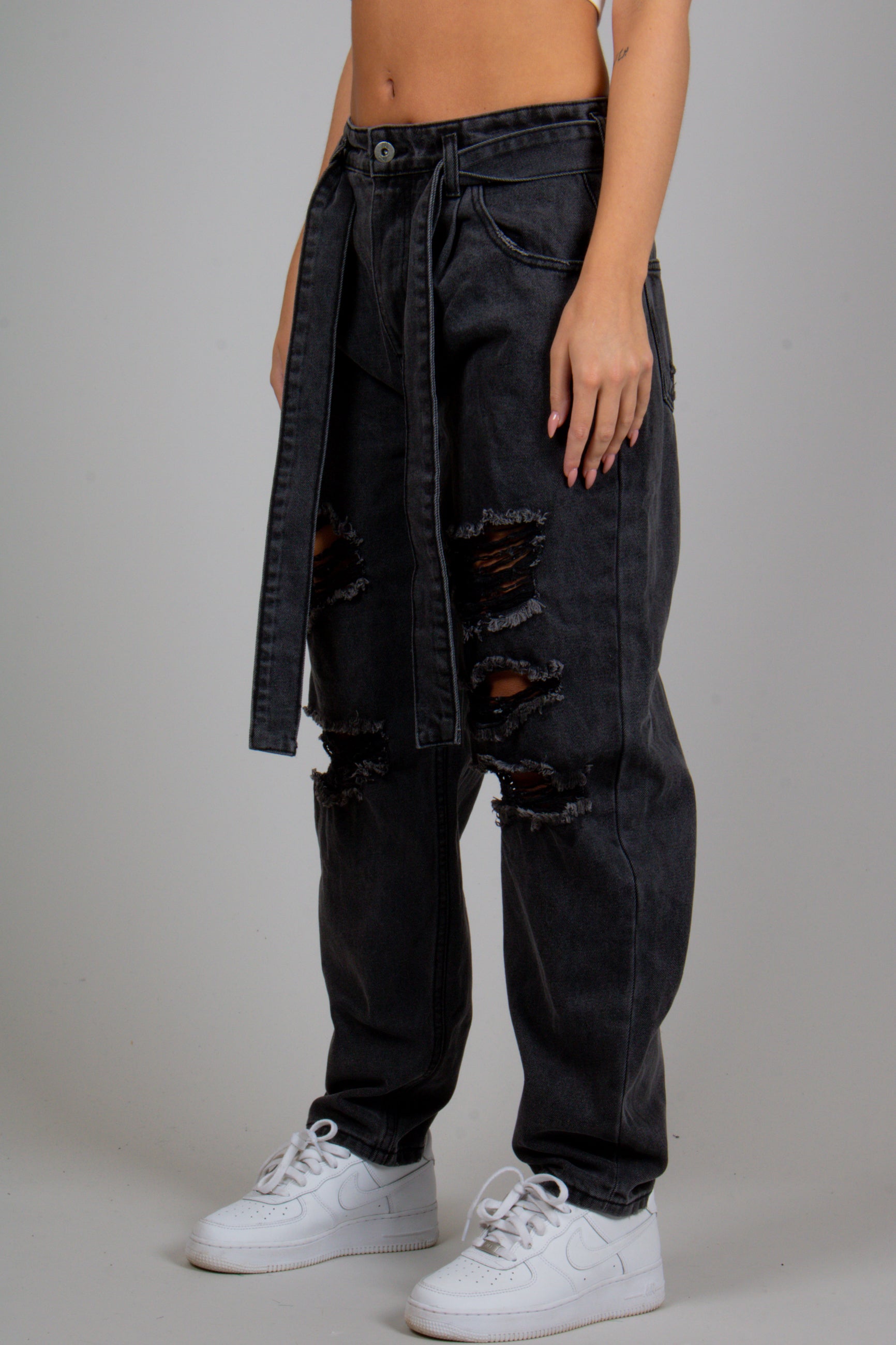 High-Rise Ripped Knee Belted Mom Jean