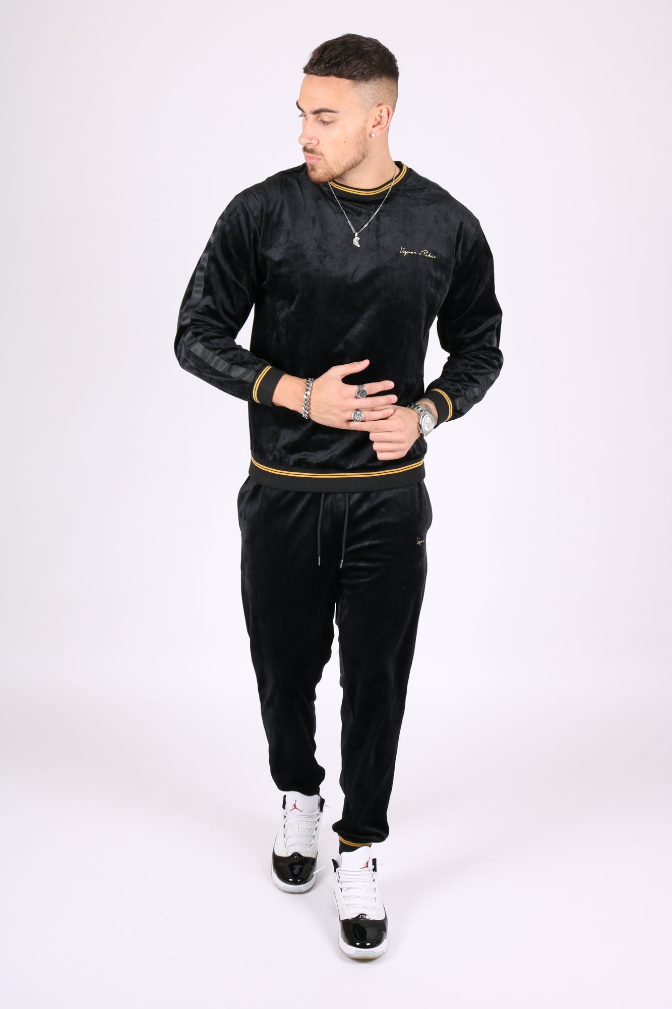 Playas Slim Fit Black And Gold Trim Velour Joggers