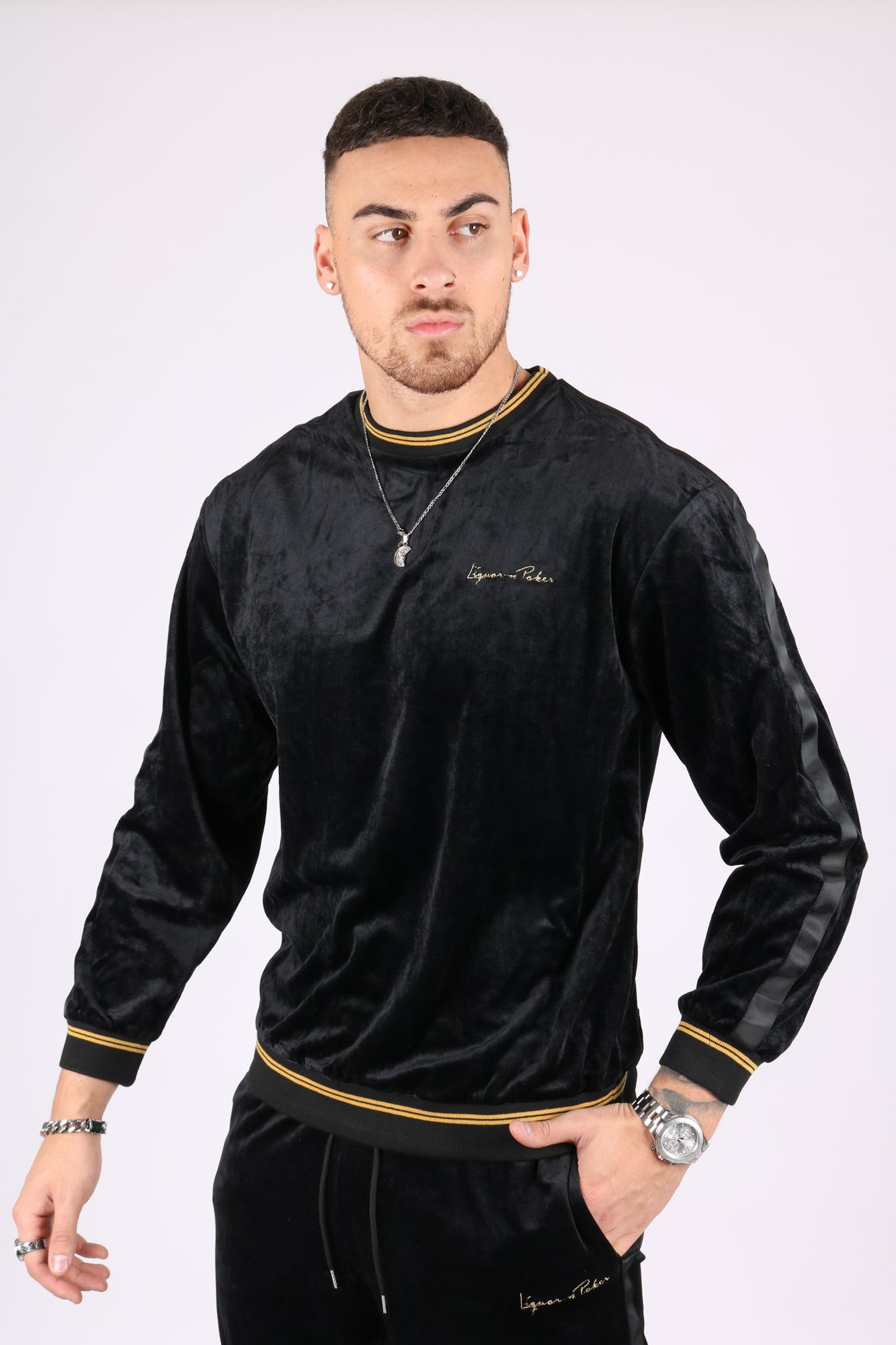 Playas Slim Fit Gold Trim Velour Black Sweater