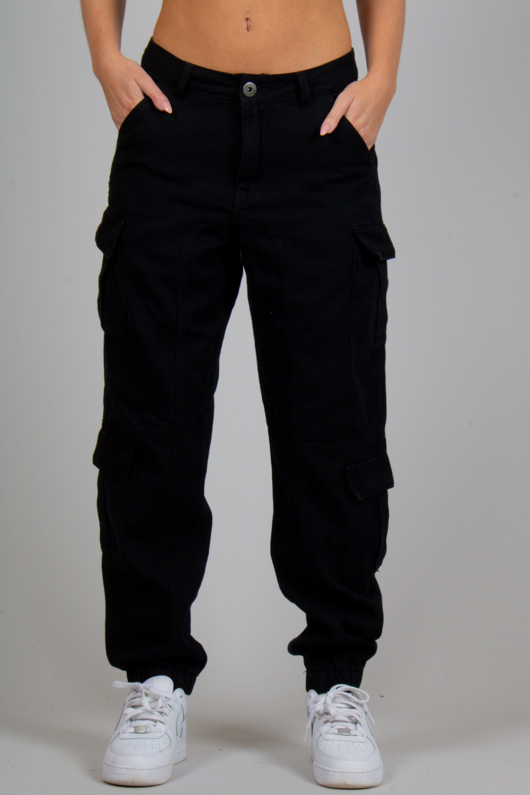 Relaxed Fit Twill Denim Cargo Trouser in Black