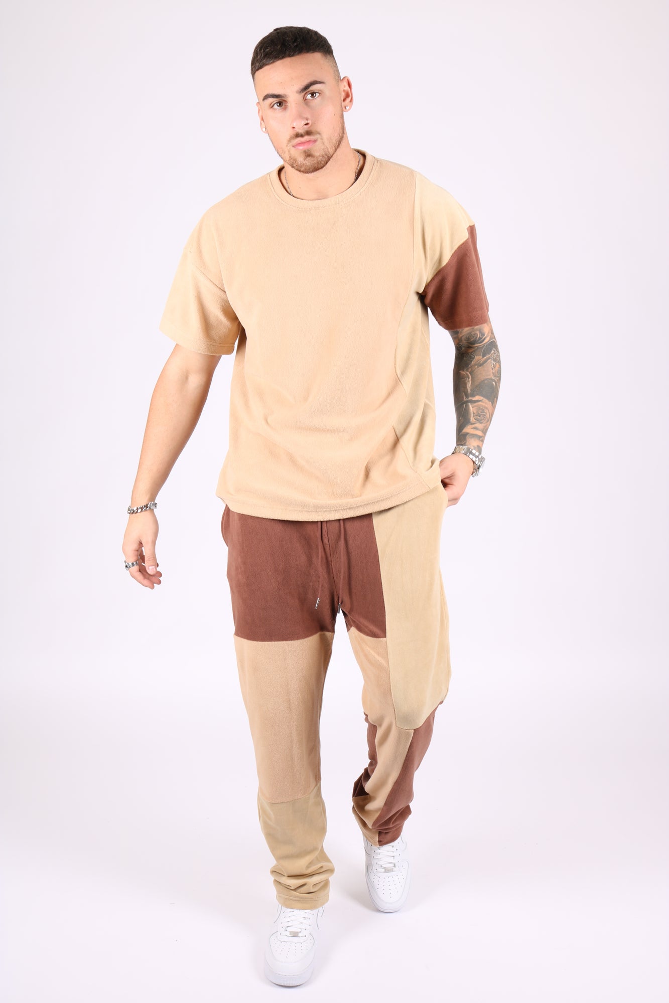 Polar Beige Oversized T-Shirt with Spliced Brown Panelling