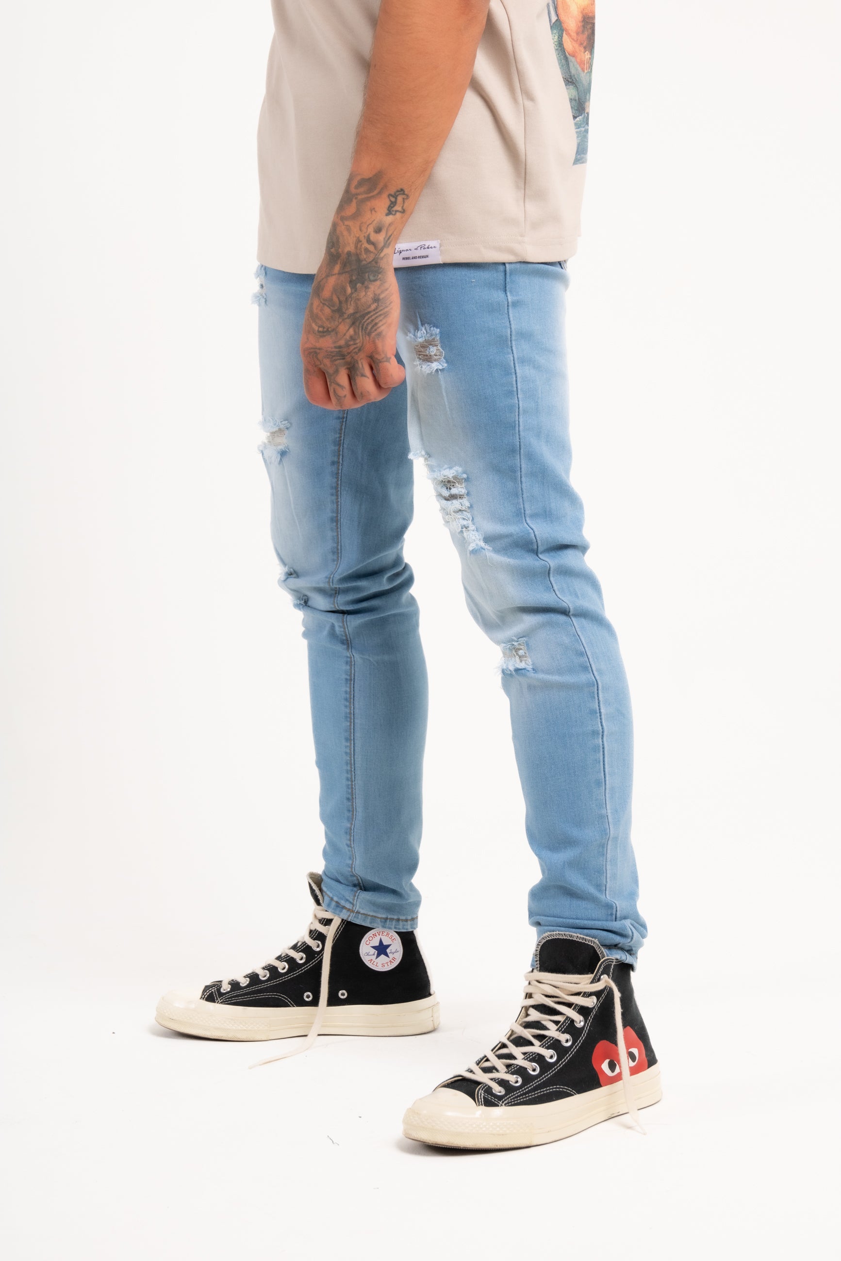 Liquor n Poker Logan Super Stretch Skinny With All Over Distressing In Stonewash Indigo