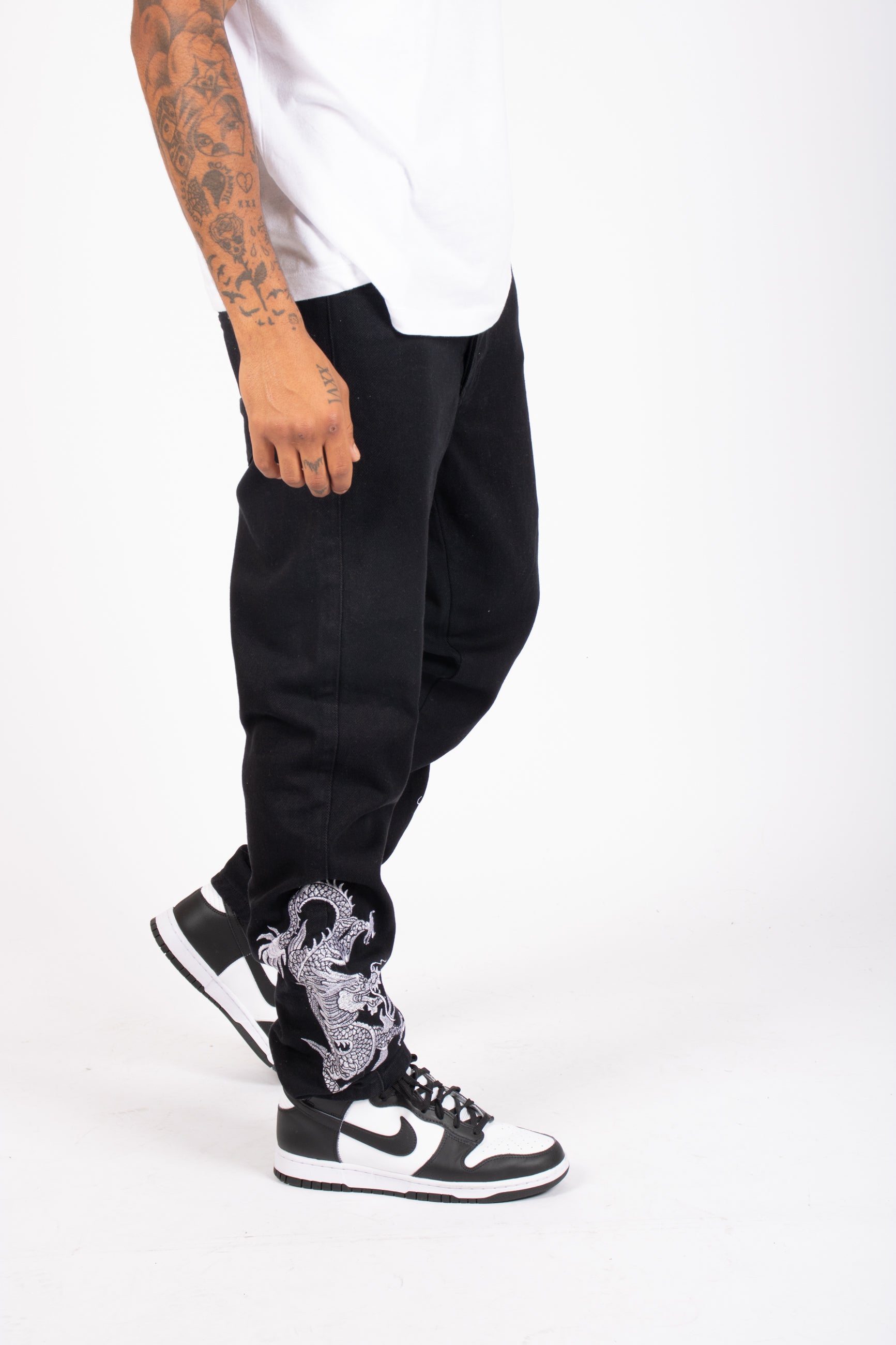 Dragon Embroidered Straight Leg Jeans