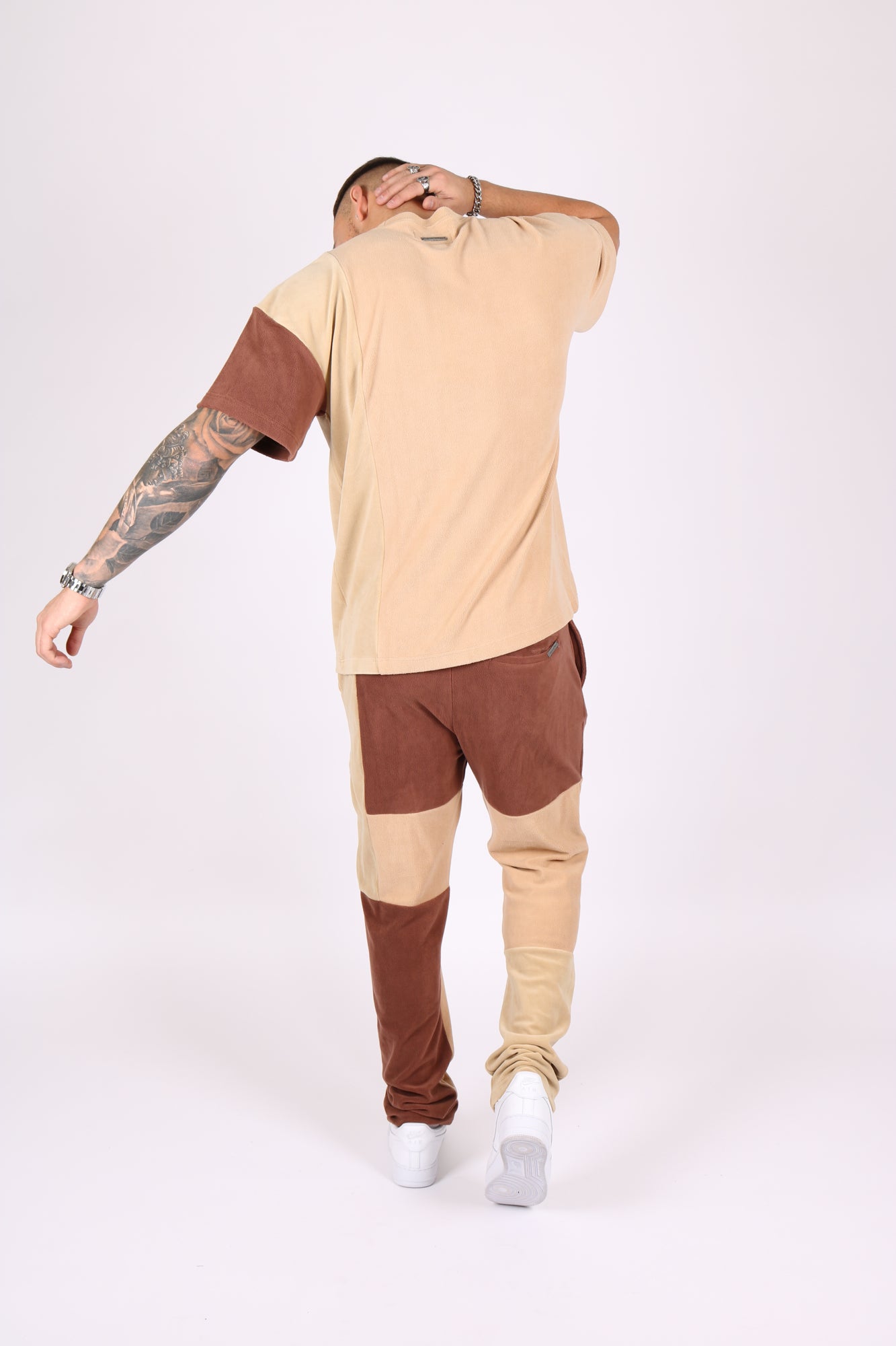 Polar Beige Oversized T-Shirt with Spliced Brown Panelling