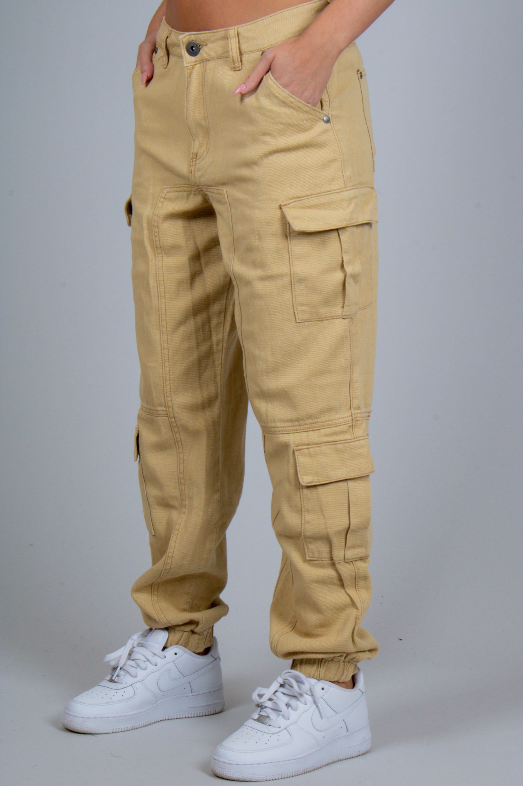 Relaxed Fit Cargo Trousers in Tan Twill Denim