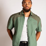 Green Cut & Sew Panel Detail Motorcross Shirt in Khaki