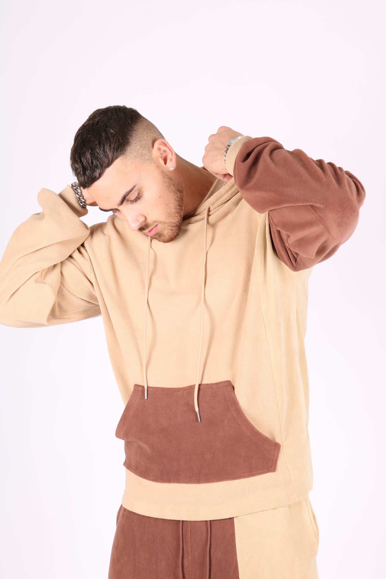 Oversized Polar Spliced Brown & Beige Hoodie
