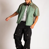 Green Cut & Sew Panel Detail Motorcross Shirt in Khaki