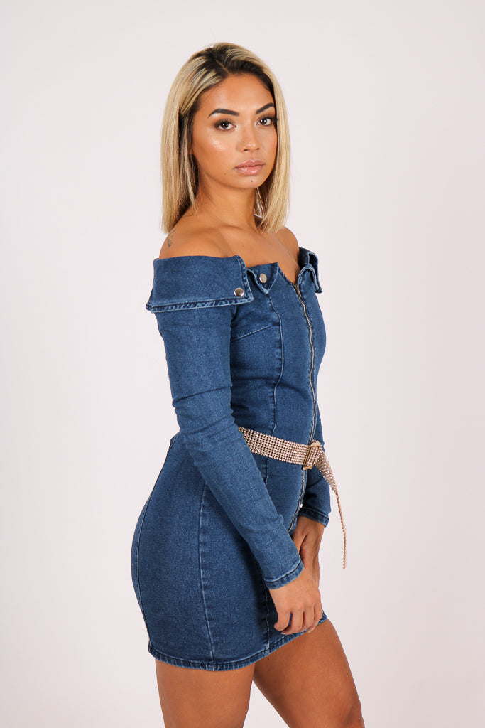 Anais Off The Shoulder Denim Mini Dress With Diamante Belt