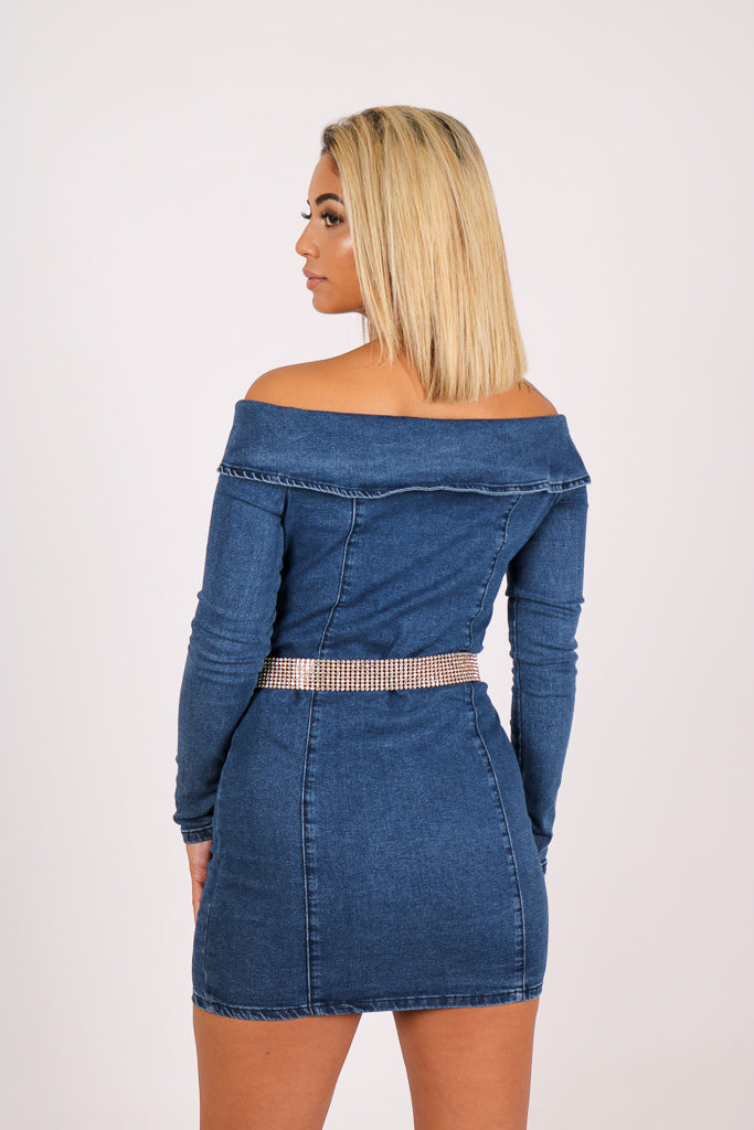 Anais Off The Shoulder Denim Mini Dress With Diamante Belt