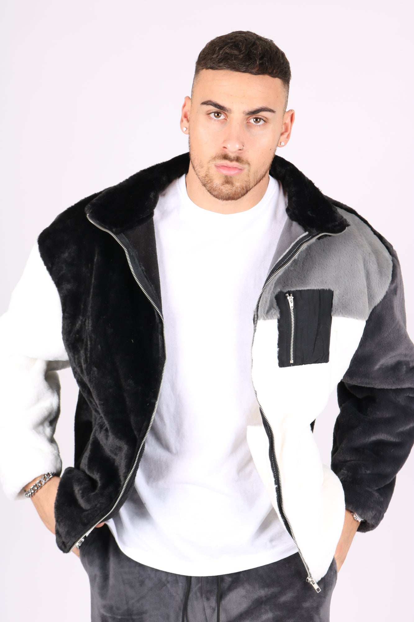 White, Black & Grey Spliced Micro Fur Jacket