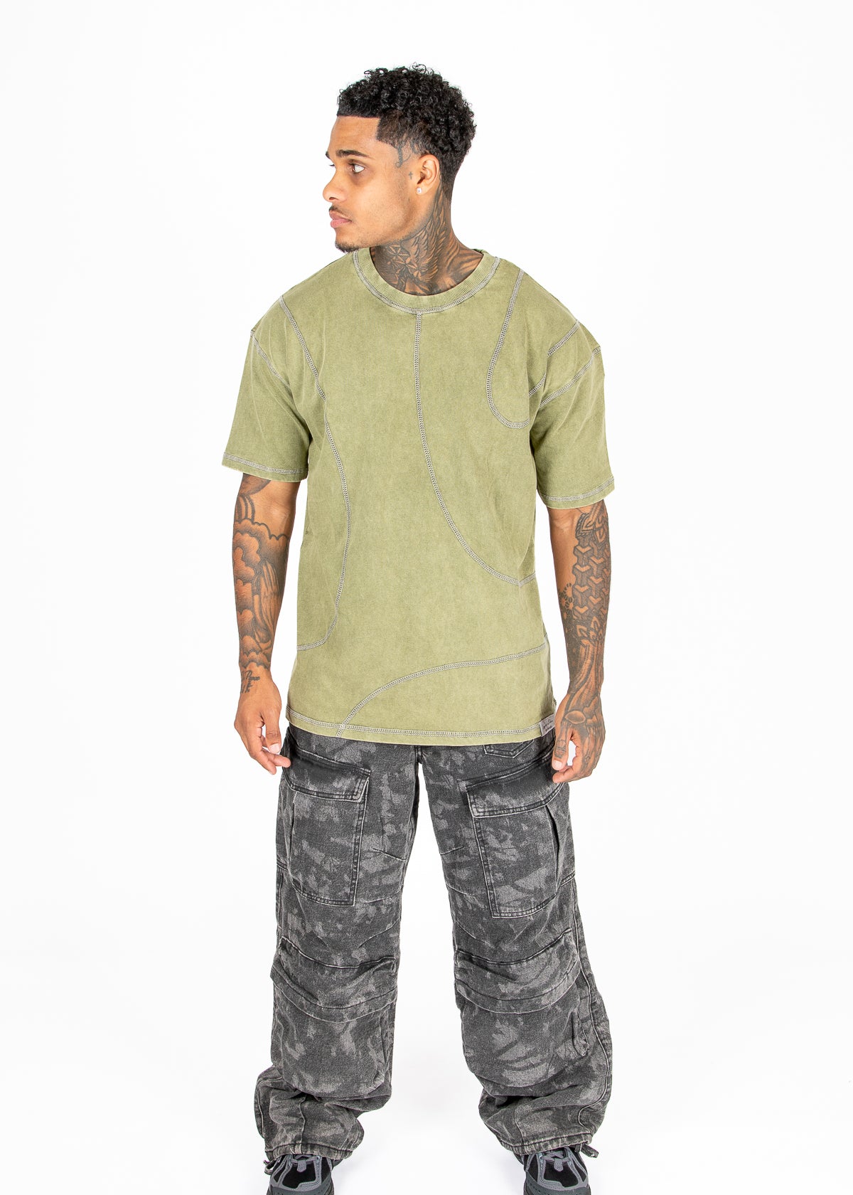 Liquor N Poker washed khaki relaxed fit t-shirt contrast stitch detail on model
