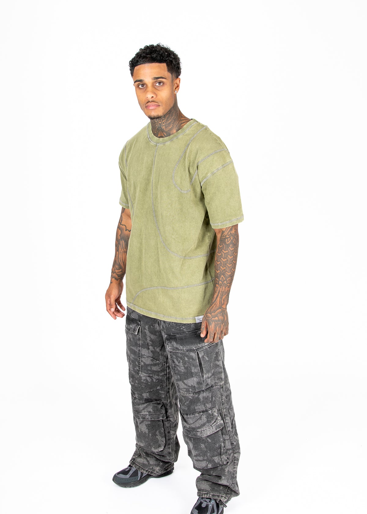 Liquor N Poker relaxed fit raw edge emblem t-shirt washed khaki front view
