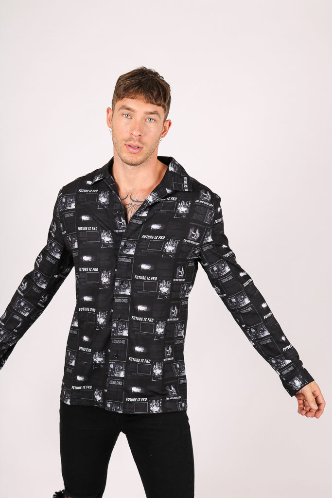 "Future Iz Fkd" Newspaper Print Long Sleeve Shirt