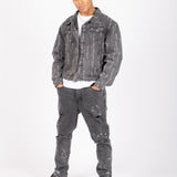 All-Over Japanese Text Oversized Washed Black Trucker Jacket