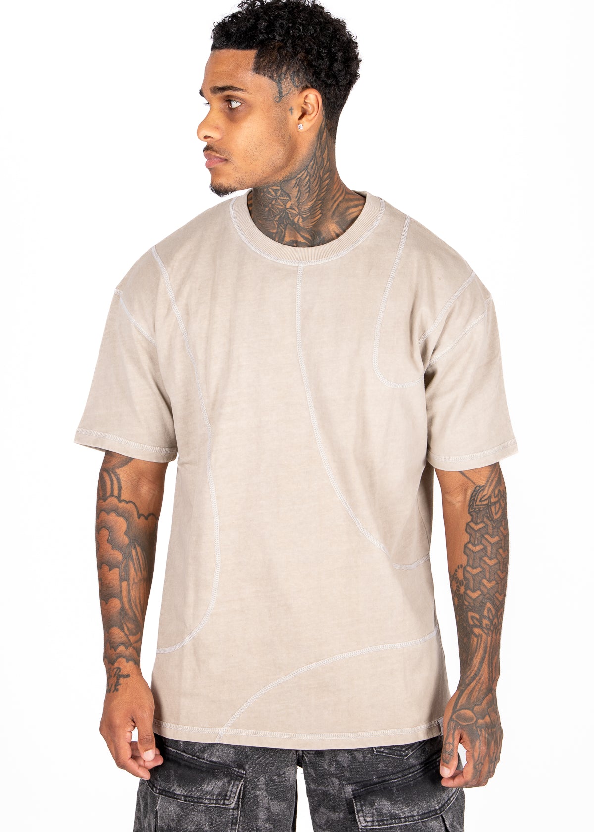 Liquor N Poker relaxed fit raw edge emblem t-shirt in beige front view
