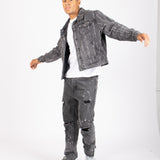 All-Over Japanese Text Oversized Washed Black Trucker Jacket