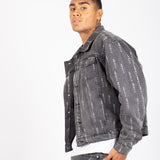 All-Over Japanese Text Oversized Washed Black Trucker Jacket