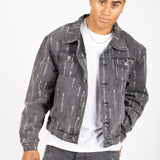 All-Over Japanese Text Oversized Washed Black Trucker Jacket