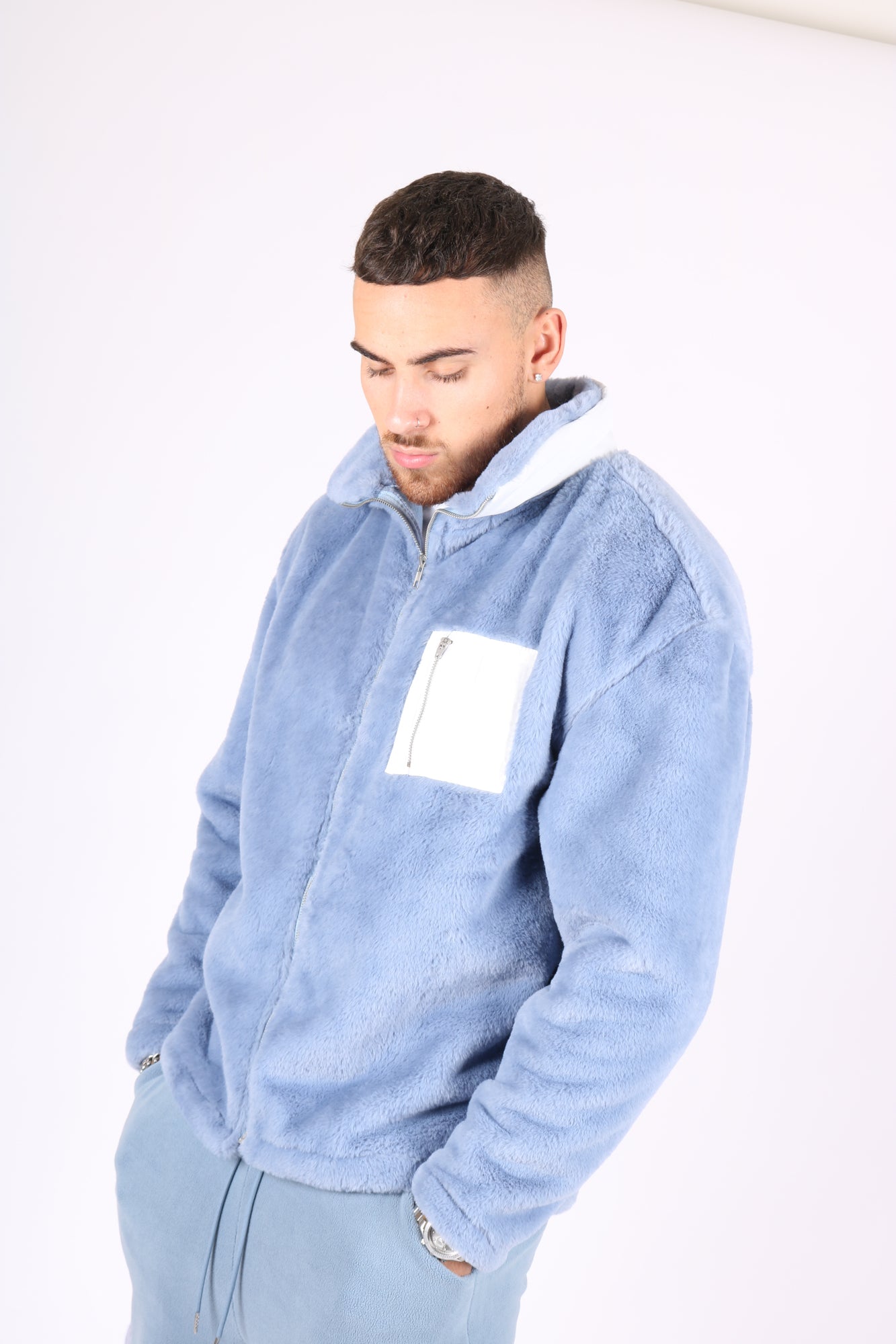 Utility Fur Jacket In Baby Blue With White Nylon Pockets