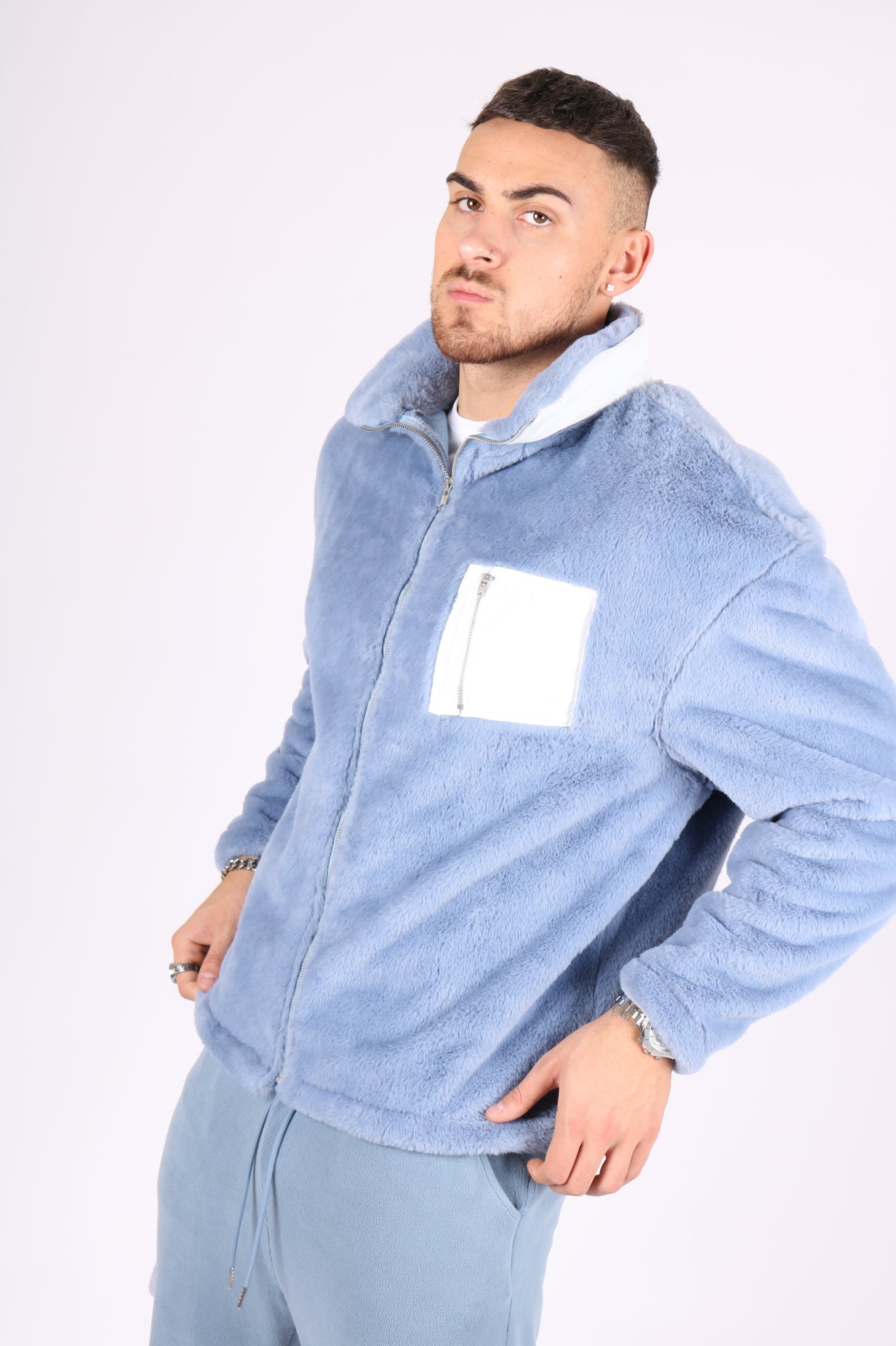 Utility Fur Jacket In Baby Blue With White Nylon Pockets